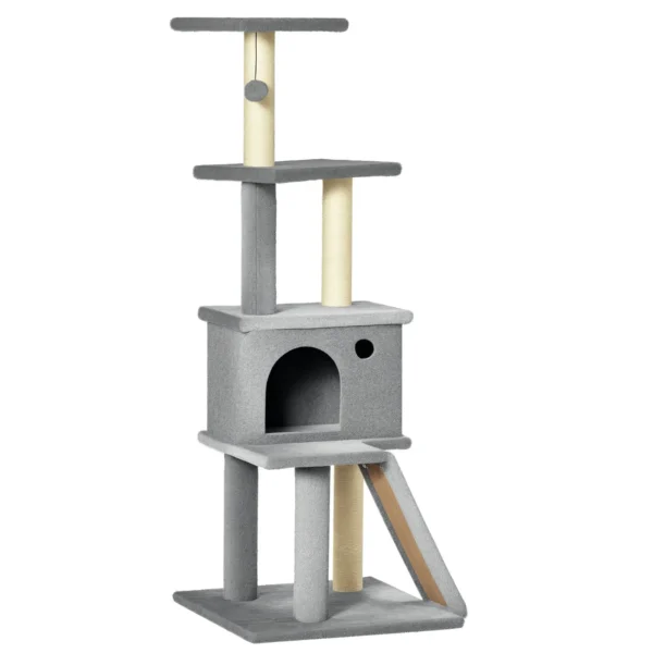 Multi-Level Cat Tree with House, Ladder, Ball and Sisal Posts, 48x48x125 cm, Grey