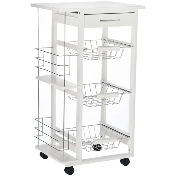 Space-Saving Kitchen Island Cart in Pine Wood, Food Cart with 4 Wheels, Drawer, 3 Pull-Out Baskets, Fruit Bowl, White