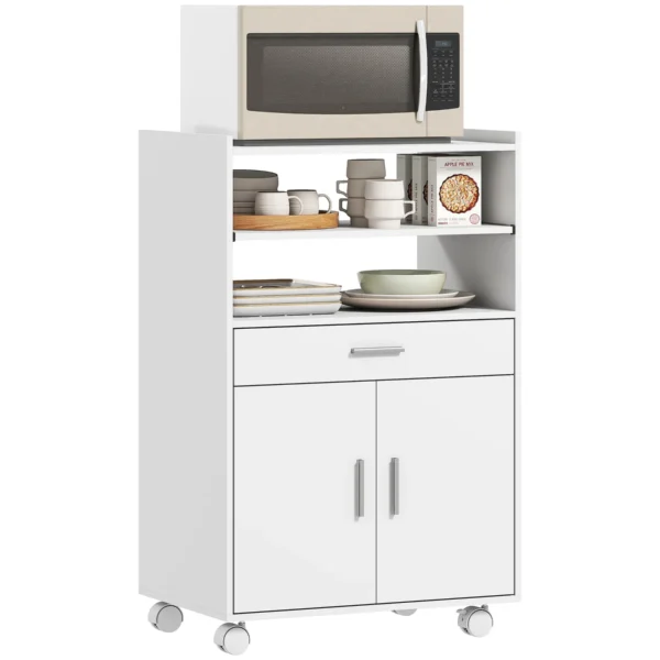 Wooden Microwave Cabinet with Drawer, 2-Door Cabinet and 2 Shelves, 59x40x92 cm, White