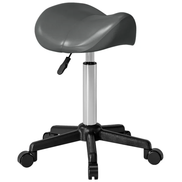 Swivel Saddle Stool with Wheels and Adjustable Height, Padded and Upholstered in Faux Leather, Grey