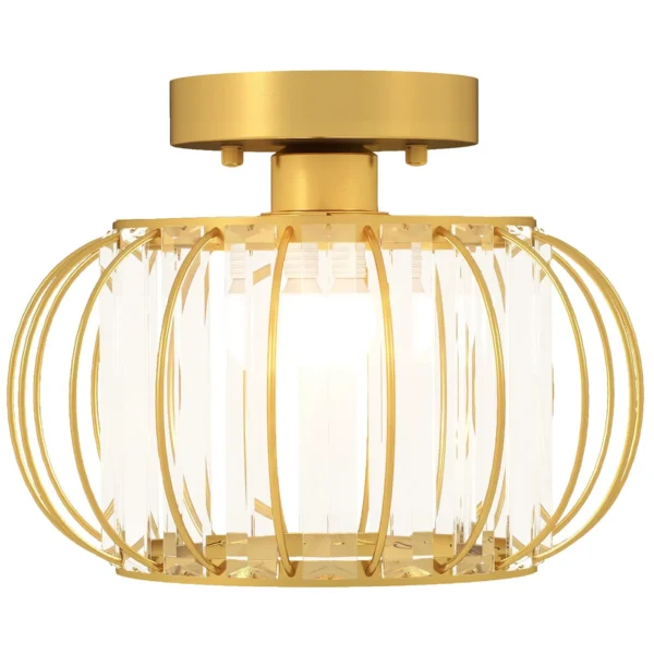 Modern and Minimal LED Cage Ceiling Light with 18 Crystals, Gold Metal, Ø27x19 cm