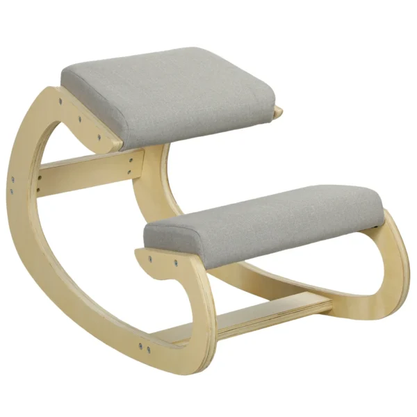 Ergonomic Kneeling Chair with Reclining Function, in Linen and Wood Effect Fabric, 55x85x55 cm, Light Grey