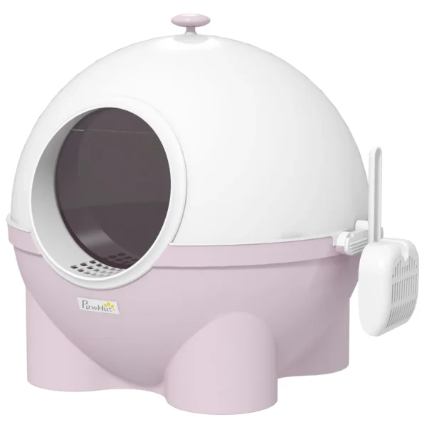 Cat Litter Box 4kg Max with Lid and Scoop Included, 53x51x48 cm, White and Pink