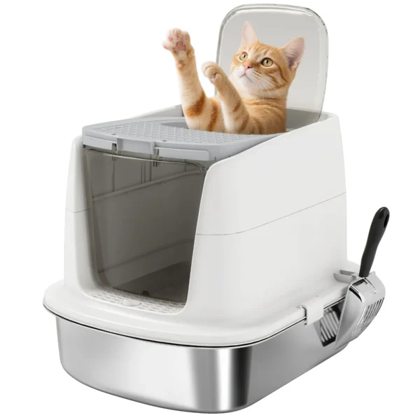 2-Bay Enclosed Cat Litter Box with Deodorizer and Scoop, 52.4 x 41.3 x 39.8 cm, White