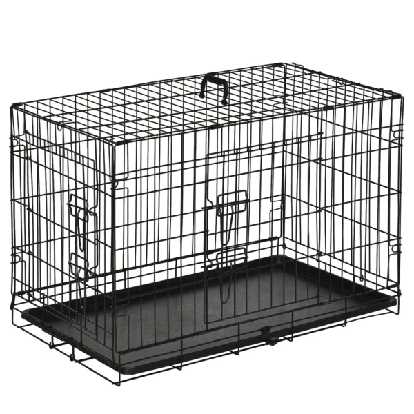 Pet Cage, Foldable Steel Double-Opening Dog and Cat Carrier, 76x46x52cm, Black