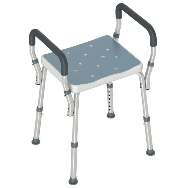 Adjustable Shower Stool with Armrests and Drainage Holes, Made of Aluminum, HDPE and EVA, 52x45x57-69 cm