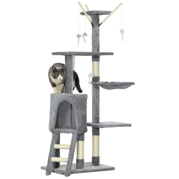 Cat Tower with House, Perch, Platforms and 4 Mice, Made of Wood, Plush and Sisal, 50x35x134.2 cm, Grey