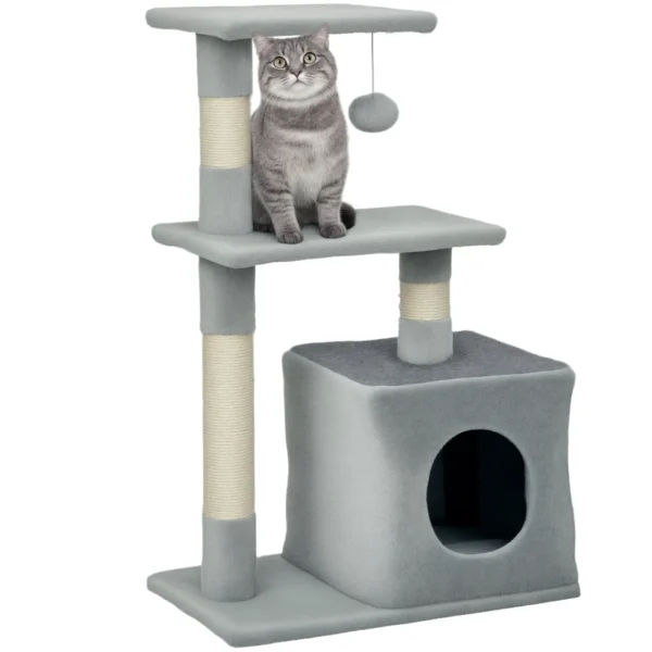 Cat Scratching Post with House, 2 Platforms and Ball, Made of Wood, Sisal and Plush, 50x30x81.5 cm, Grey