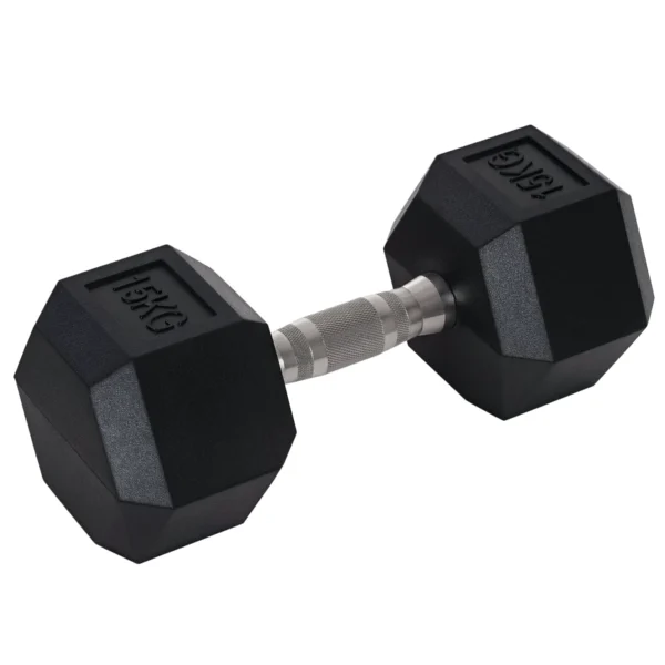 15 kg Hexagonal Dumbbell with Non-Slip Grip, Steel and Rubber, Ø15.5 x 33.6 cm, Black