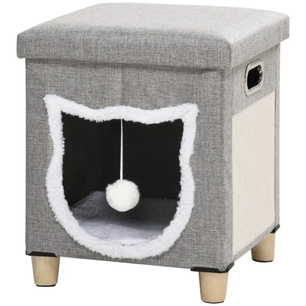 Cat House with Scratching Post, Cushion and Ball, Made of Wood and Polyester, 35.5x35.5x42.5 cm, Cream and Grey
