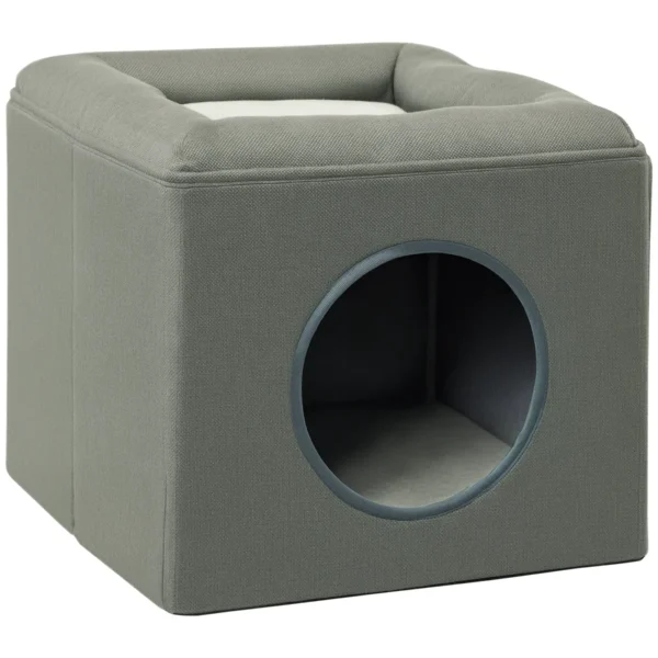 2-Tier Cat House with Plush Cushion, Made of Wood, Polyester and Plastic, 36.5 x 36.5 x 33 cm, Green