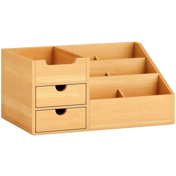 Bamboo Desk Organizer with 2 Drawers and 7 Compartments, 33x20.5x15.5 cm