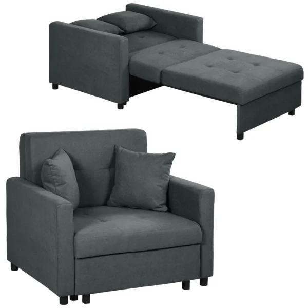 Grey Velvet Fabric Armchair Bed with 2 Cushions and Storage Space, 100x98x88 cm