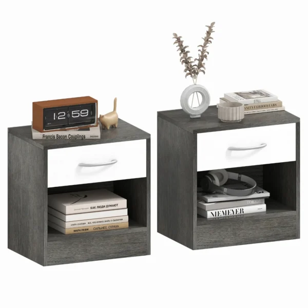 Set of 2 Modern Bedside Tables with Open Shelf and Drawer, Wooden, 39x28x41 cm, White and Dark Grey