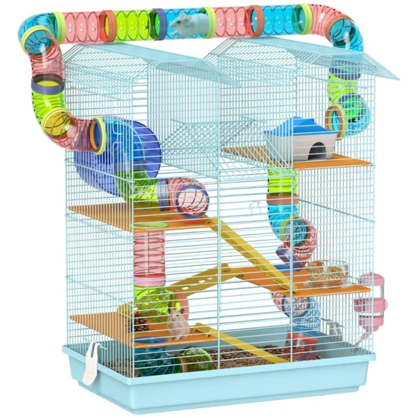 5-Story Hamster Cage with Colorful Tubes, Wheel, House and Accessories, 47x30x59 cm, Blue