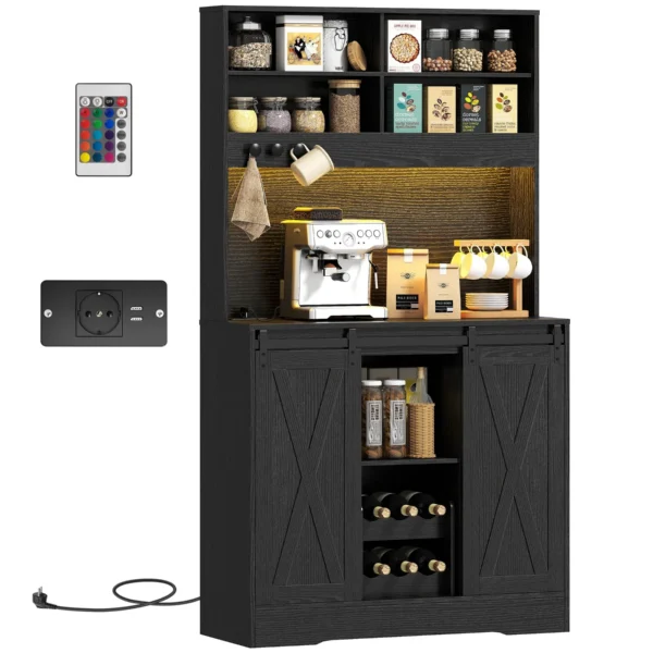 Rustic Tall Kitchen Sideboard with 2 Cabinets, Bottle Rack, Charging Sockets and LED Lights, Black