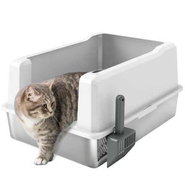 Waterproof Cat Litter Box with Raised Sides, Tray and Scoop, Made of ABS, 71x50.8x35.5 cm, White