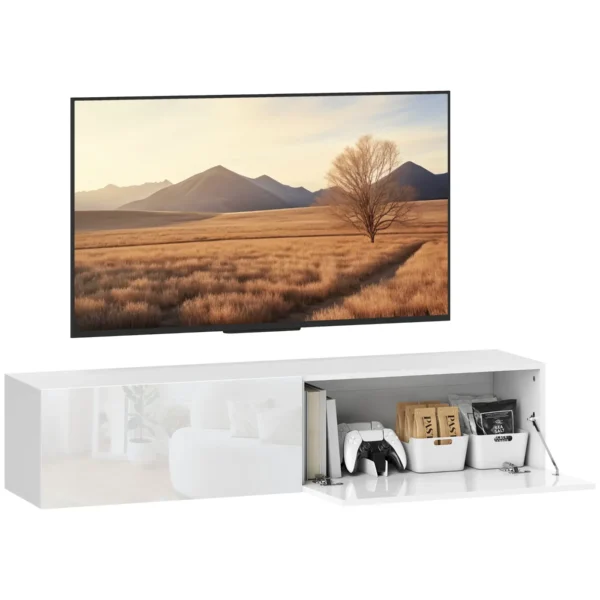 Wall Mounted TV Cabinet for 45"-55"-65" TVs with 2 Cabinets and Drop-Door, 140x33x29.8 cm, White
