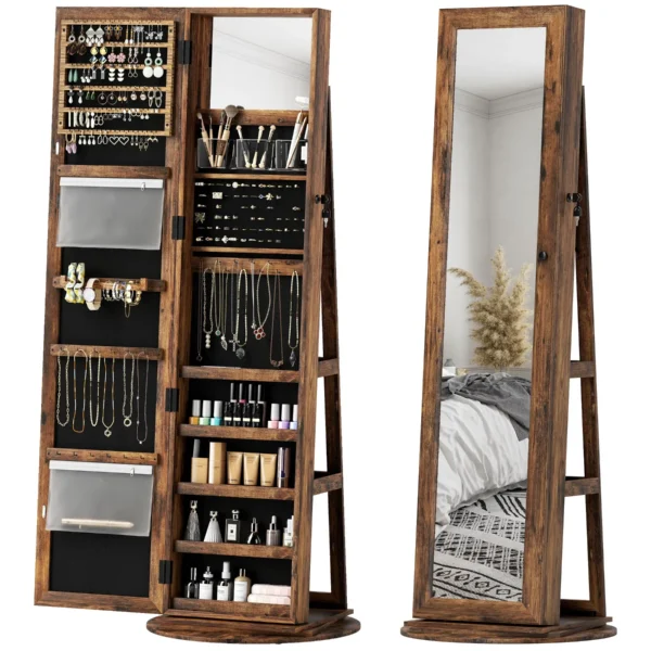 360° Swivel Floor-Standing Jewelry Mirror with Shelves and Key Lock, 55x55x161 cm, Rustic Brown