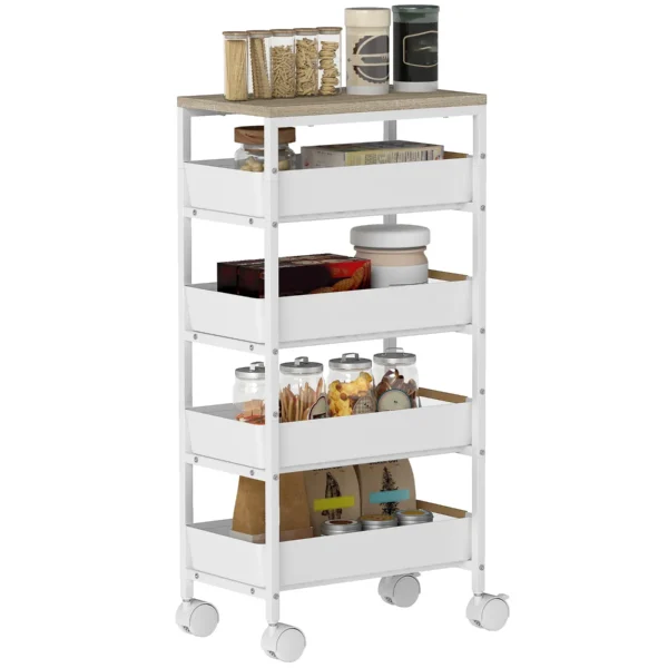 5-Tier Kitchen Cart with 4 Removable Baskets, Metal, PP and Wood, 39.5x24x82 cm, White and Oak