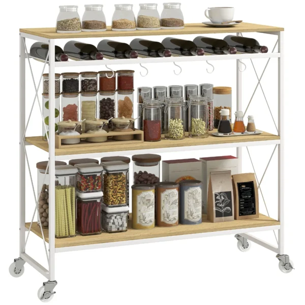 4-Tier Serving Trolley with Bottle Holder and 5 Removable Hooks, Wood and Metal, 96.5x38x96.7 cm