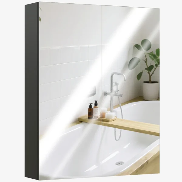 Bathroom Wall Cabinet with 2 Doors, Mirror and 2 Internal Shelves in MDF, 60x15x75 cm, Black