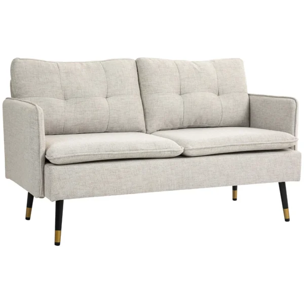 2-Seater Sofa in Linen Effect Fabric with Steel Legs and Padded Cushions, 139x68x80 cm, Cream White
