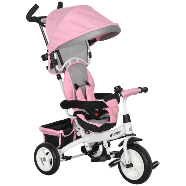 Kids Tricycle with 6-in-1 Handle, Adjustable Canopy and Safety Belt, Ages 1-5 Years, Pink