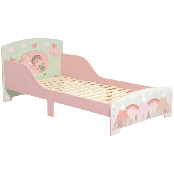 Children's Bed for 3-6 Years with Raised Edges, Slats and Animal Print, 140x70 cm, Pink