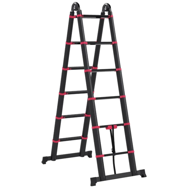 12-Step Folding Telescopic Ladder, Aluminum and Nylon, 379 x 67.5 x 11 cm, Black and Red