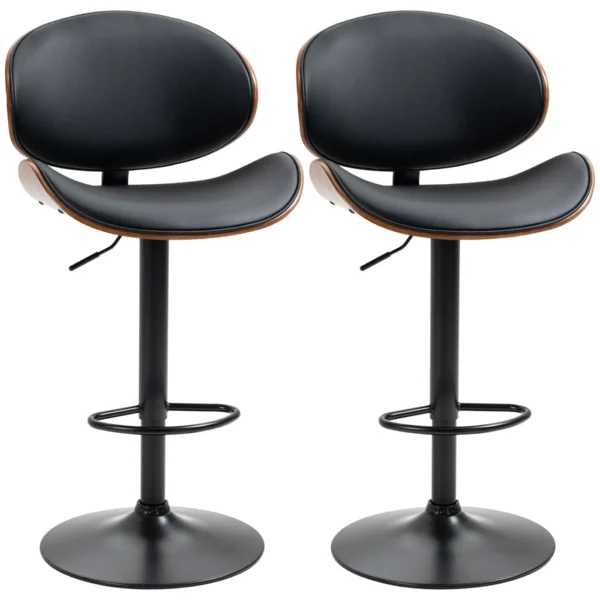 Set of 2 Bar Stools with Height-Adjustable Backrest, Wood and Faux Leather, 53x52x92-112 cm, Black