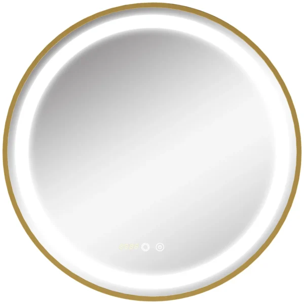 Bathroom Mirror with LED Light, 3-Tone Adjustable Brightness and Memory Function, Ø60 cm, Gold