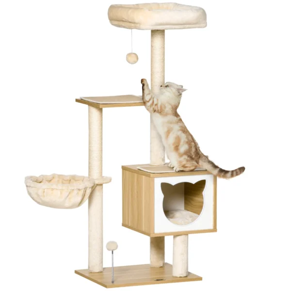 Cat Scratching Post with 2 Posts, House, Hammock, Bed and 2 Balls, Made of Wood, Fleece and Sisal, 48x40x126 cm
