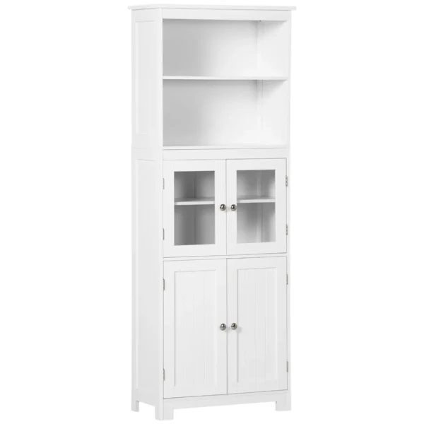 Mobile Pantry with 2 Open Shelves and 2 Cabinets with Doors, in MDF and Glass, 60x30x162 cm, White