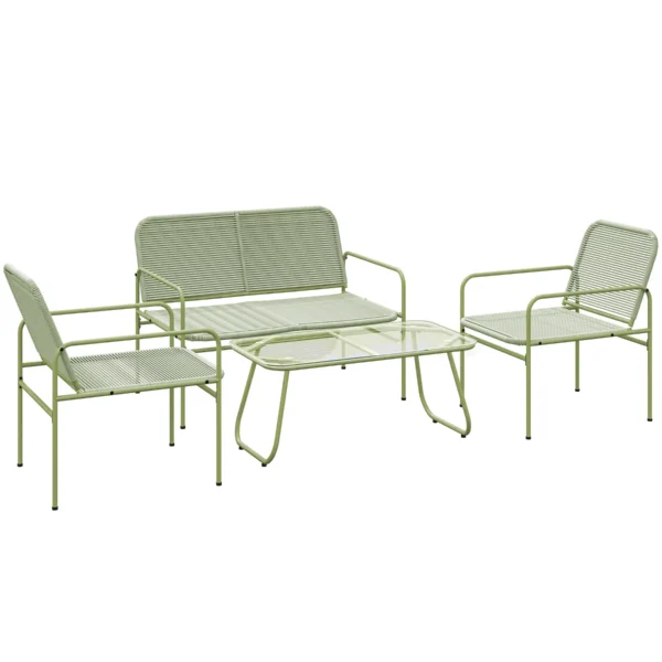 Outdoor Lounge Set in PE Rattan with Sofa, 2 Armchairs and Coffee Table with Glass Top, Green