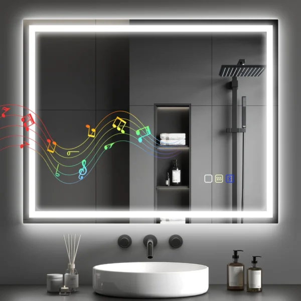 Anti-Fog Bathroom Mirror with Adjustable LED Light, Bluetooth Speaker, Touch Buttons, 80x100cm