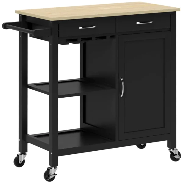 Classic Kitchen Trolley with Drawers, Wheels and 2-Door Space-Saving Cabinet 89x40x84cm, Black