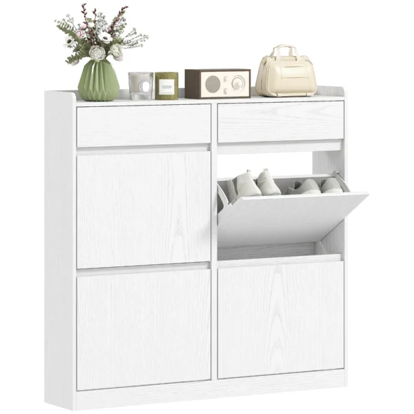 Slim Wooden Shoe Rack with 4 Flap Drawers and 2 Sliding Drawers, 98x19.2x95.3 cm, White