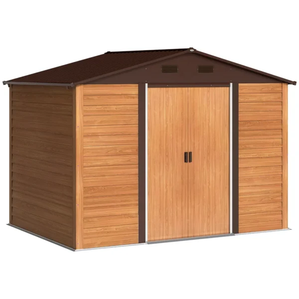 Garden Shed in Steel with Wood Effect and Double Sliding Doors, 278x195x215 cm, Brown
