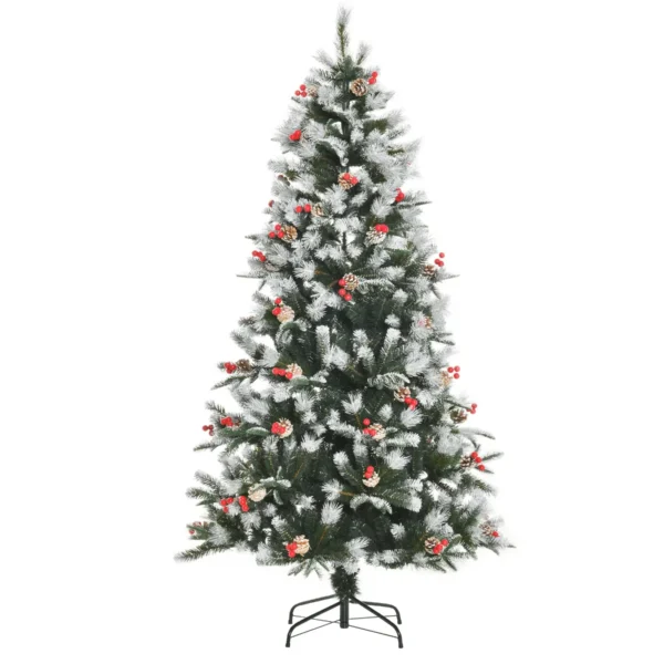 180cm Snowy Christmas Tree with Red Berries and White Pine Cones, Removable Folding Base, 678 Branches, Green