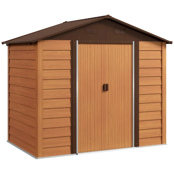 Wood Effect Steel Garden Shed with Double Sliding Doors, 236x196x208 cm, Brown