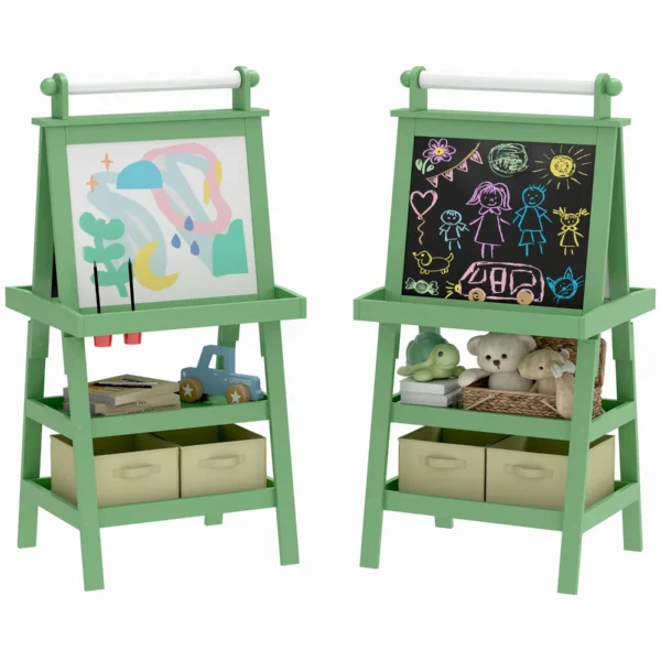 3-in-1 Children's Easel Blackboard, Paper Roll and 2 Containers, Wooden, 59x48x118 cm, Green