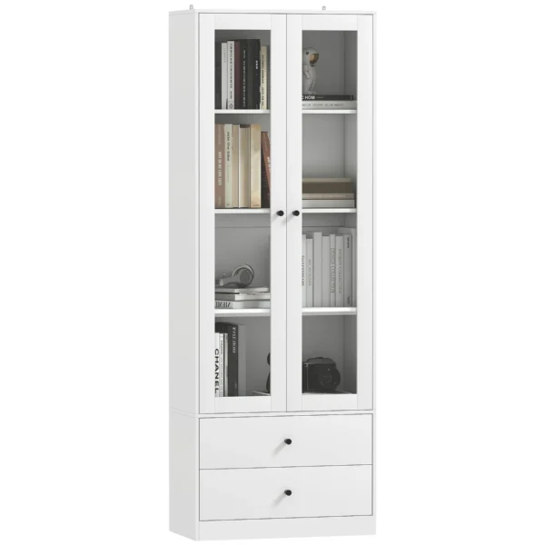 Kitchen Sideboard with Cabinet and 2 Drawers, Glass Doors and Adjustable Shelves, 59x30x164 cm, White
