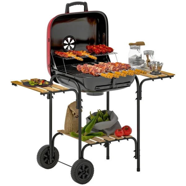 3-Tier Charcoal Barbecue with Wheels, Adjustable Air Vent Lid, Red