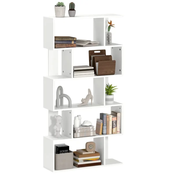 5-Tier S-Shaped Asymmetric Bookcase with 10 Open Shelves, Wooden, 80x24x159 cm, White