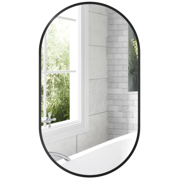 Oval Wall Mounted Bathroom Mirror with Aluminum Frame, Vertical or Horizontal, 60x90cm, Black