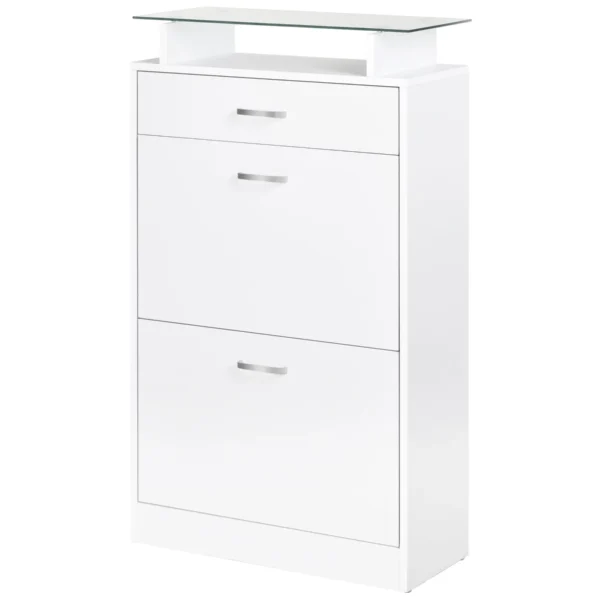 Wooden Shoe Cabinet with 2 Doors, 2 Levels, Drawer and Glass Shelf 60x24x105.5 cm, White