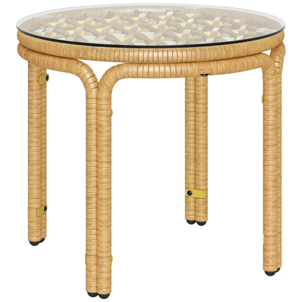 Round Rattan and Glass Garden Coffee Table in Boho Chic Style, Ø50x44 cm, Yellow