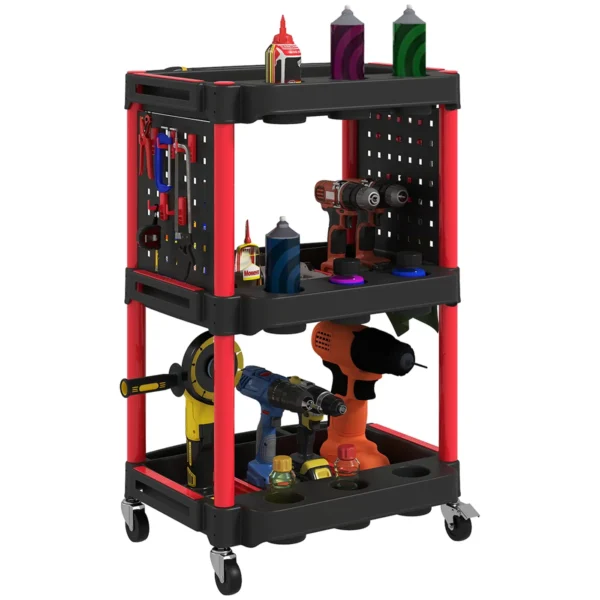 3-Tier Plastic Tool Cart with Side Perforated Panel, Black and Red