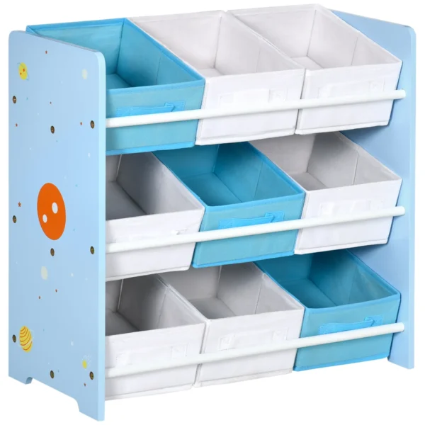 Toy Cabinet with 9 Removable Baskets in MDF and Fabric, 63x30x60cm, Blue